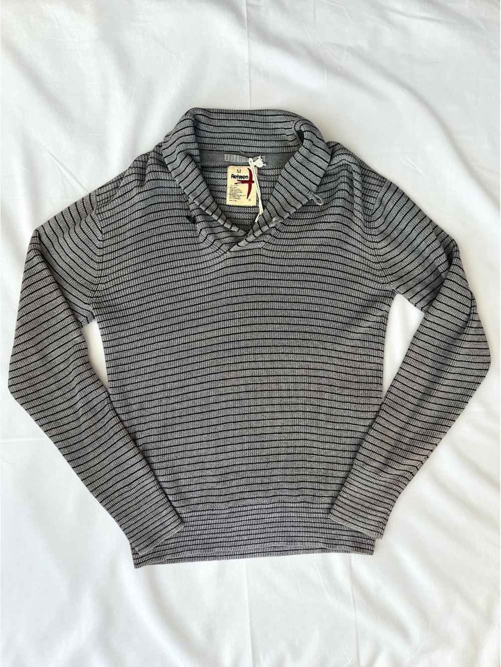Relwen Striped Button Placket Sweater Grey Black Cotton Linen Size M